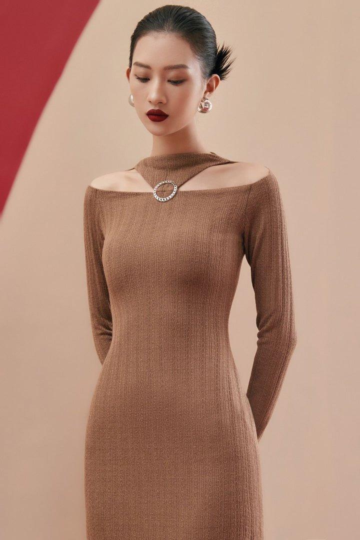 Black open shoulder midi dress-MIRI