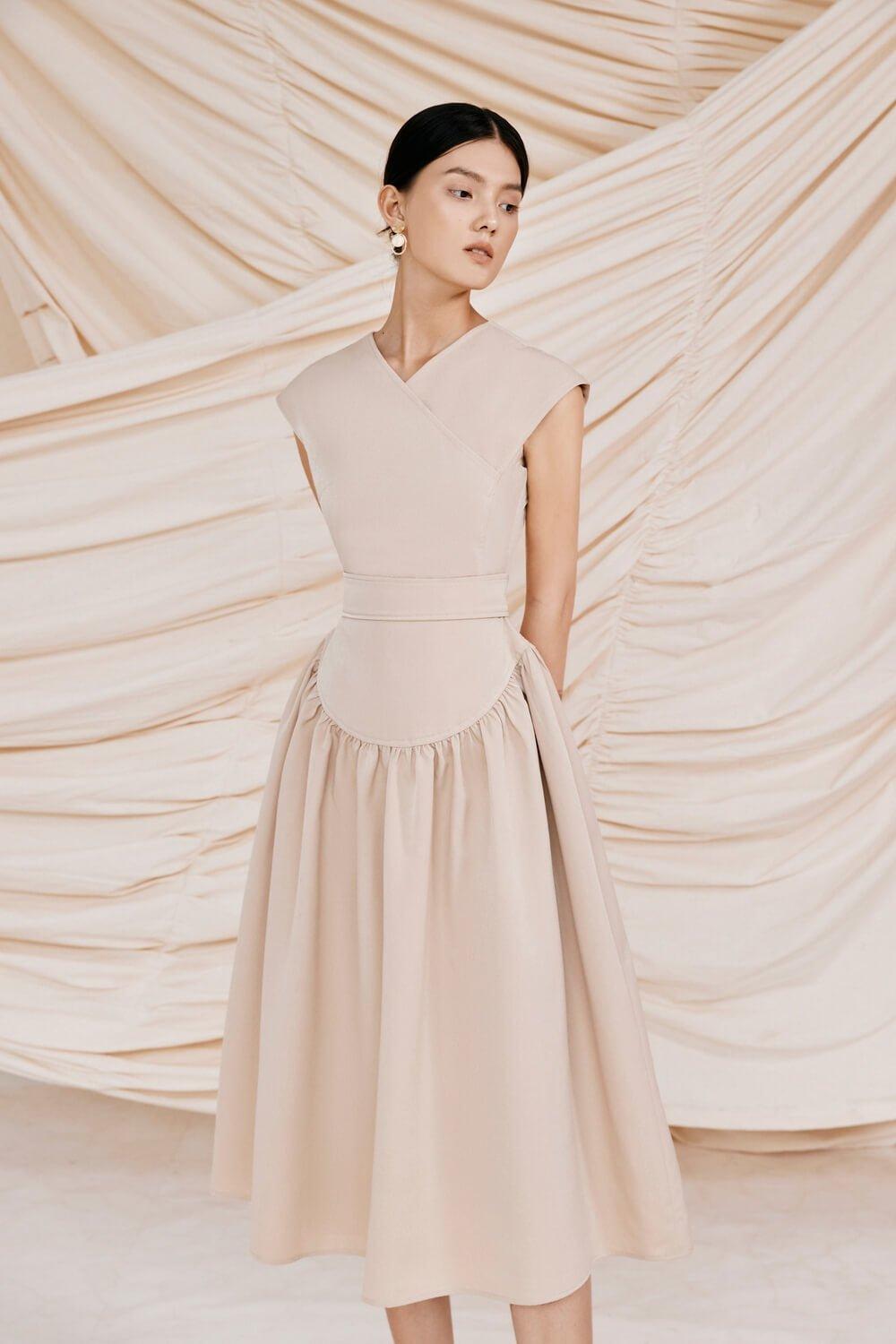 Beige drop waist midi dress-ALIX XS / Beige Beige drop waist midi dress-ALIX XS / Beige