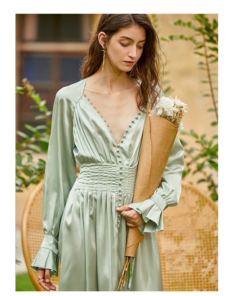 Light green satin silky French vintage elegant midi long dress