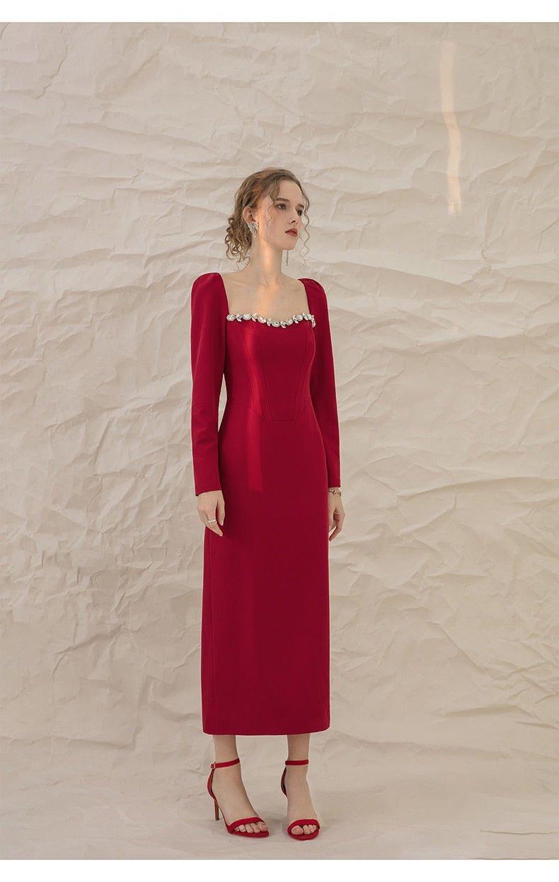 Luxury Red Elegant Square Collar long Sleeve midi pencil dress - Juika Luxury Red Elegant Square Collar long Sleeve midi pencil dress - Juika