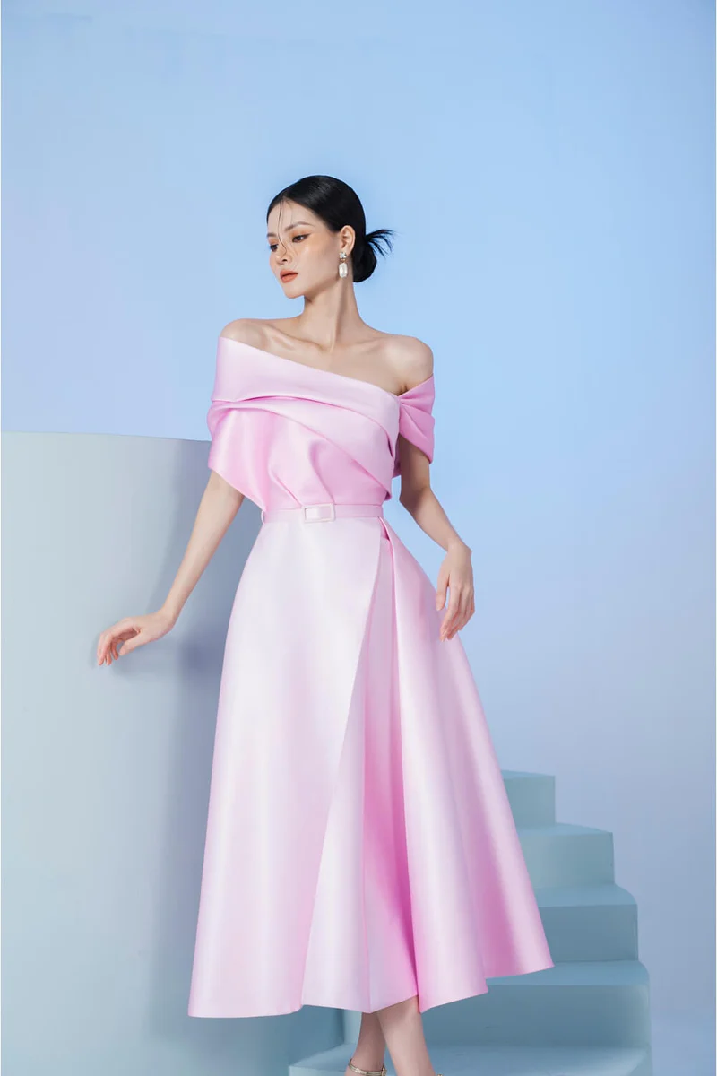 Early Spring 2023 New oblique shoulder gradient lady high waist dress- Tutu S / Pink Early Spring 2023 New oblique shoulder gradient lady high waist dress- Tutu S / Pink