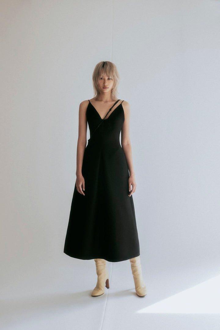 black deep v midi dress deep v neck open bow back midi dress Black / Medium