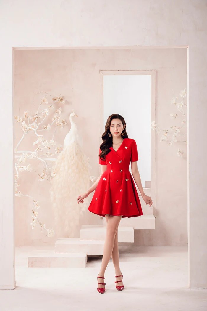 Short sleeved mini dress fitted waist and A-line skirt with sides pleats - Ladir