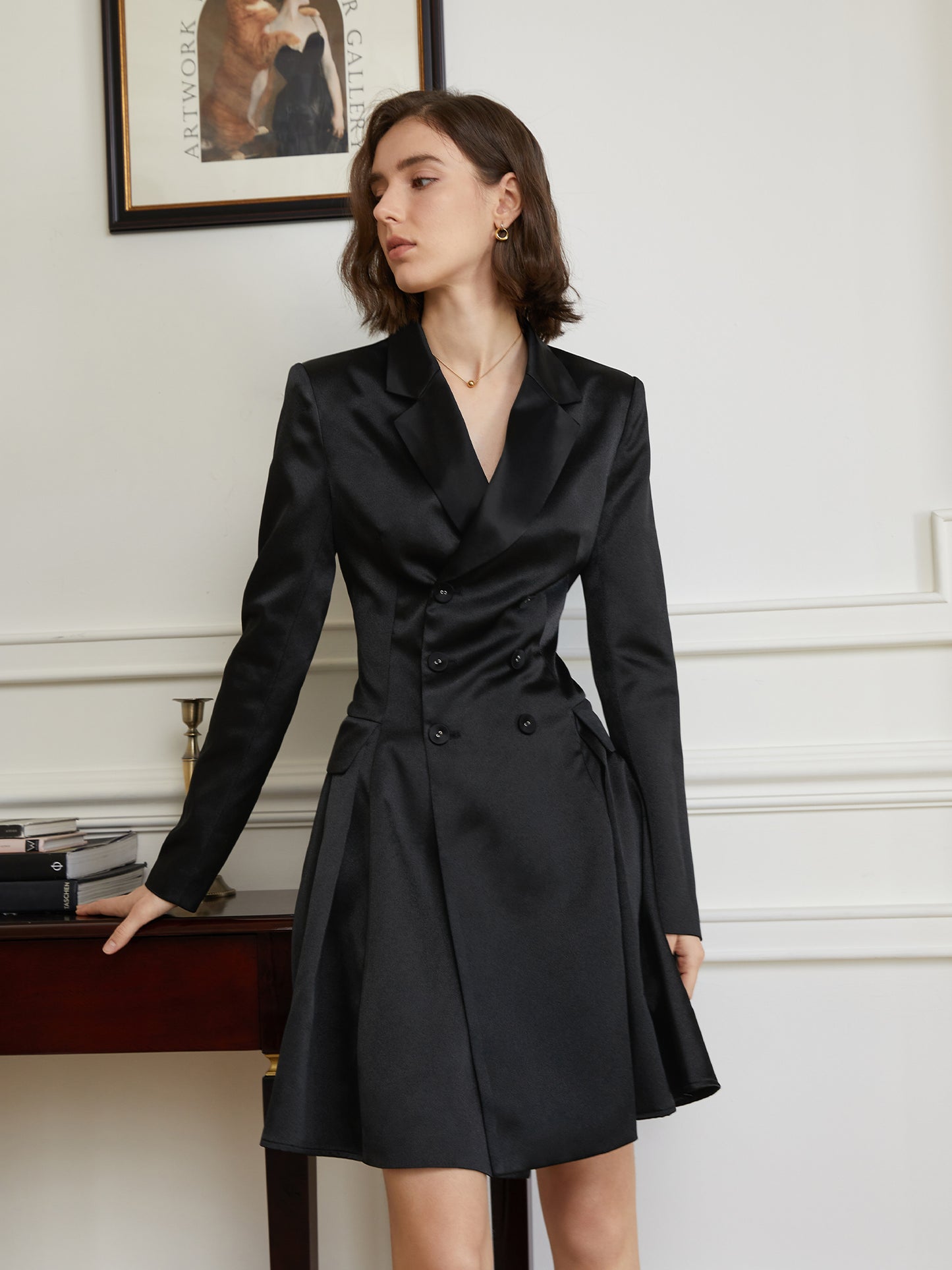 New V-neck design, long sleeves, and short skirt drape dress- Nela