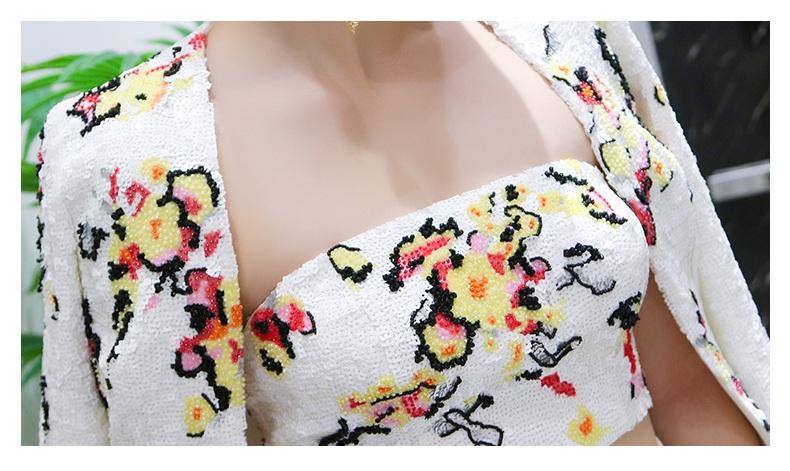 limited edition designer multi sewuin white skirt + strapless bustier + white sequin blazer three piece suit set.- Georgie