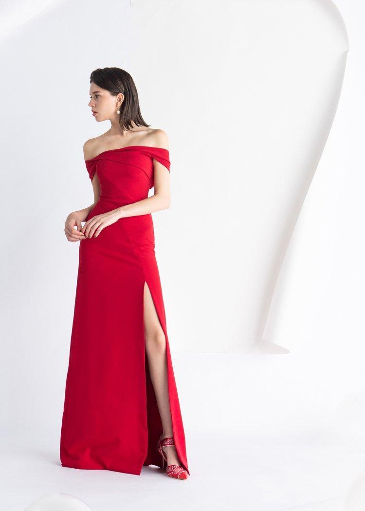 GOUDIN Elegant simple off shoulder red party bride toast dress - Sugat. S GOUDIN Elegant simple off shoulder red party bride toast dress - Sugat. S