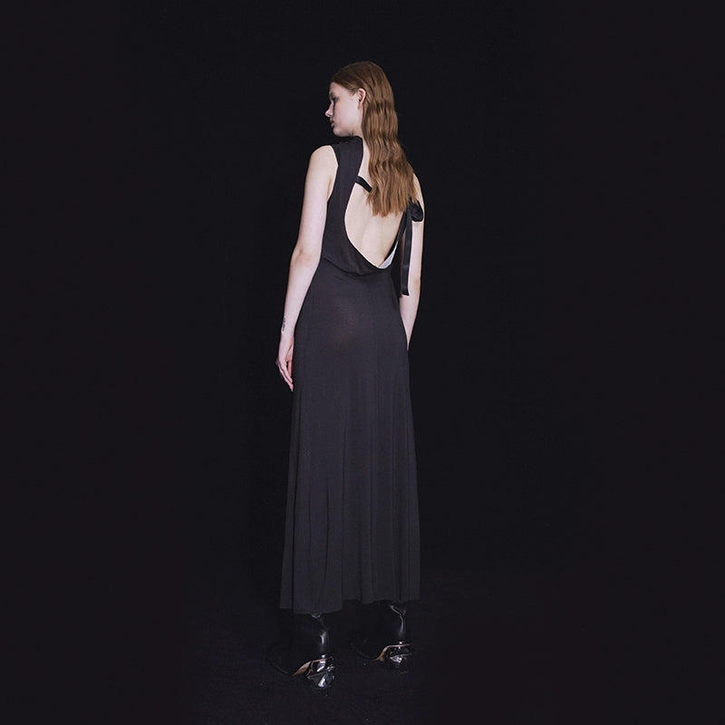 MAYALI latent print backless designer midi rumpled sleeveless dress - Qikii