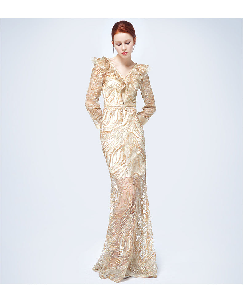 Siduo high-end party luxury drag train gold evening dress- Banki