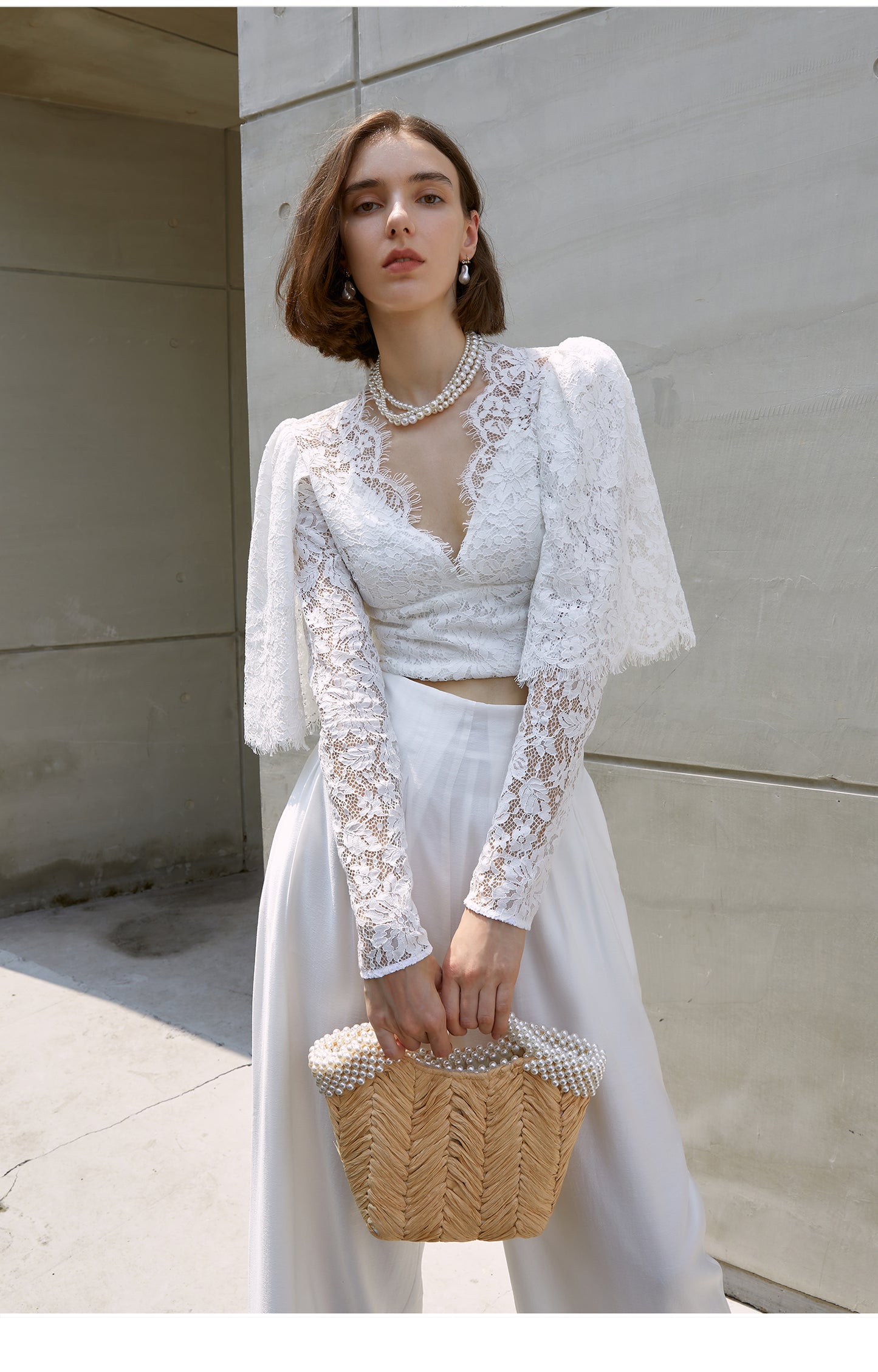 Elegant lace hollow V-neck top high waist slim wide-leg trouser suit set- Queiro