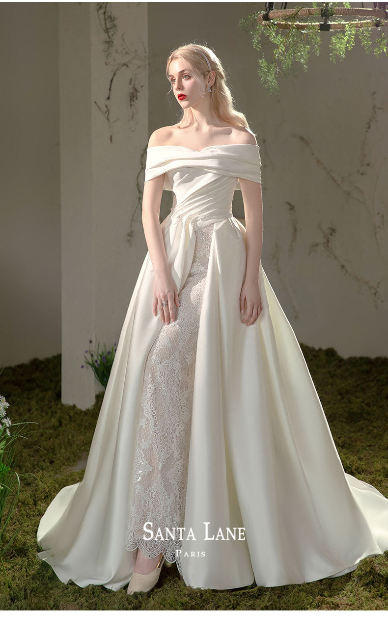 Simple and soft French satin one-shoulder wedding dress- Raquel
