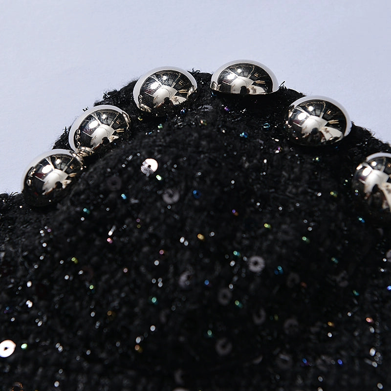 FAME spring sequin beaded bandeau strapless sweetheart neckline lbd black dress - Ekeui