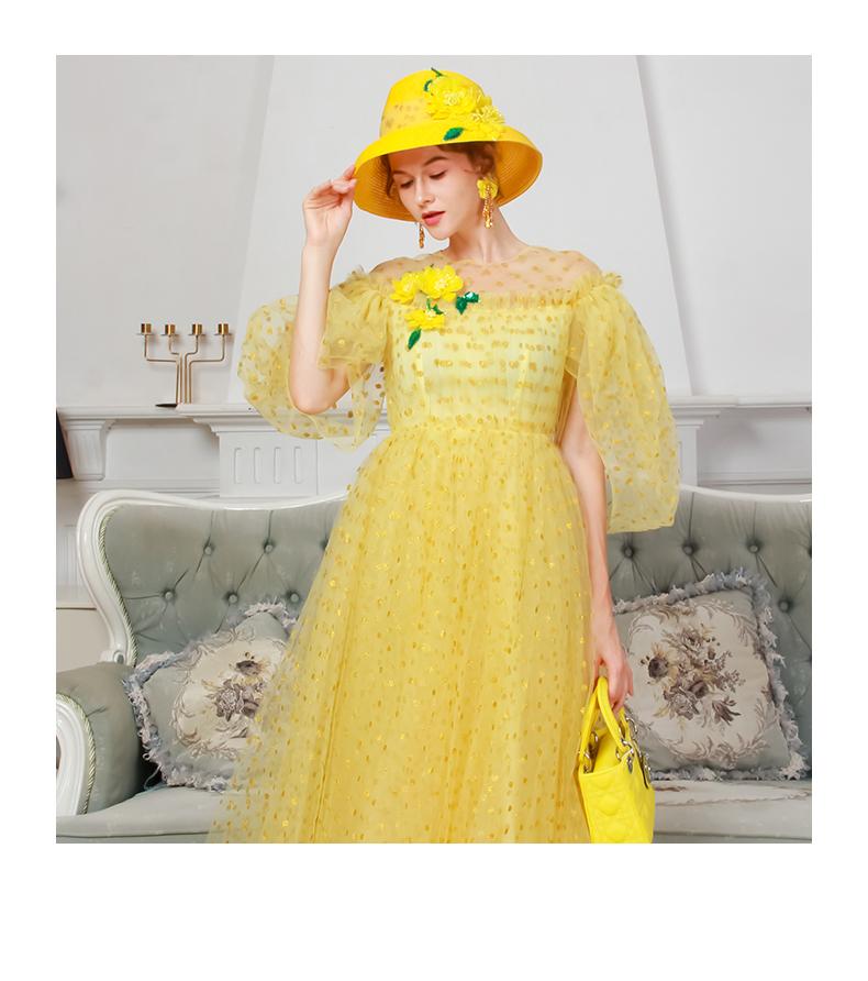 1950's vintage inspired retro polks dot lace mesh tulle yellow swing 1950 retro midi tea lenght ball down dress - Coco