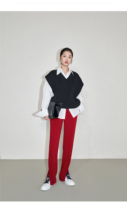 Red slit high-quality straight leg high-waist trouser pants - Saki