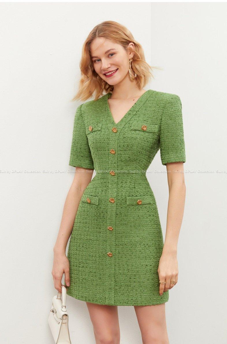 Green V-Neck short sleeve Tweed cocktail dress- Sara