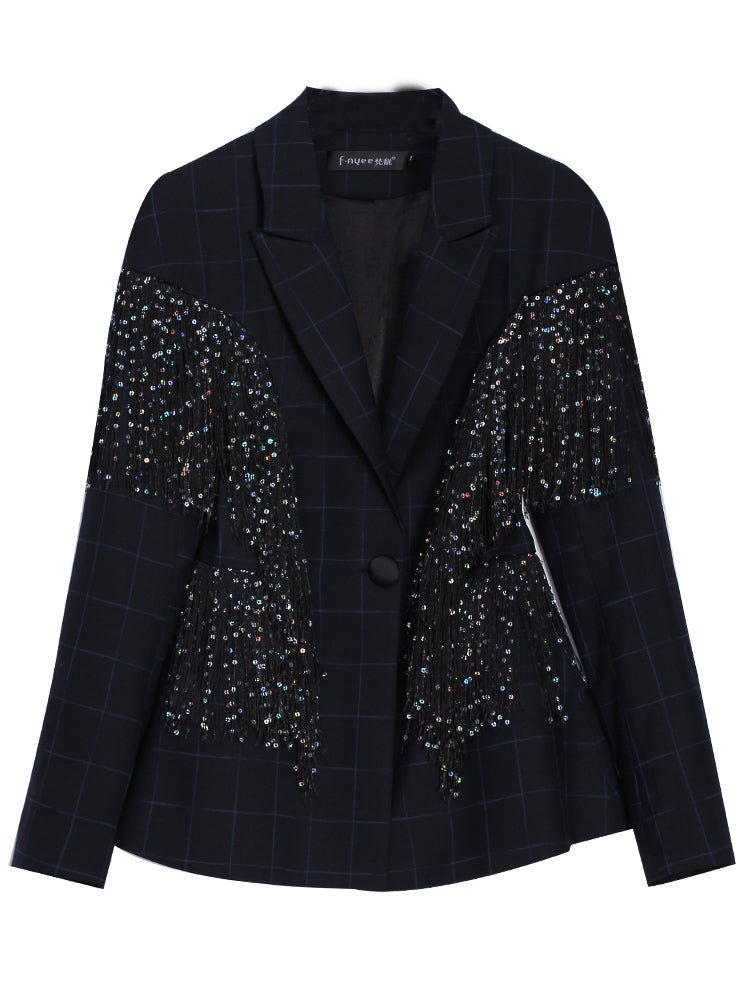 Navy blue fringed suit new spring beaded suit high waist trousers two-piece suit set- Pade