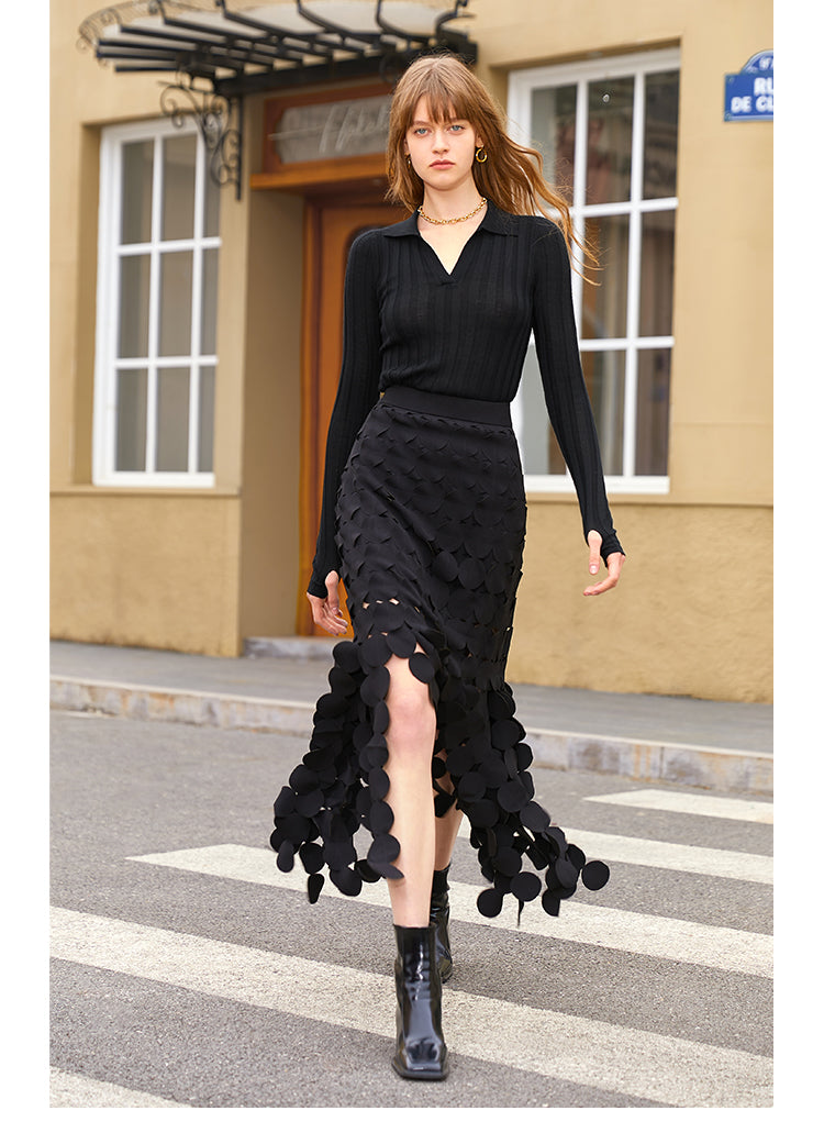 Grape hollow black skirt features a slim high waist and elegant tassels- Karol