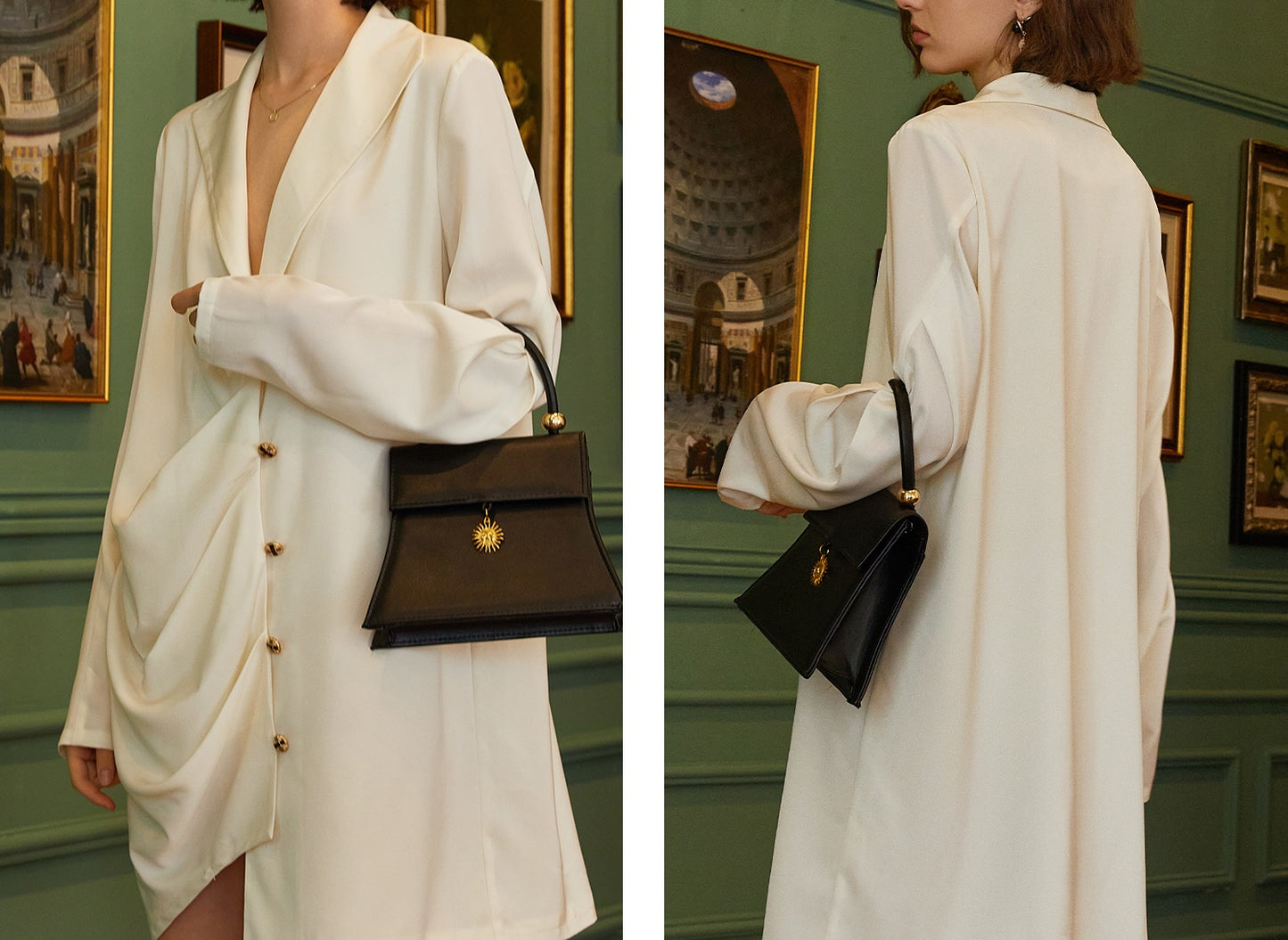 Asymmetric pleated V-neck and long sleeves shirt dress- Otra