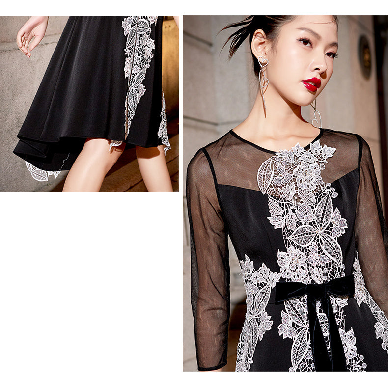 Black dress with its U-neck cut and elegant embroidery- Eva