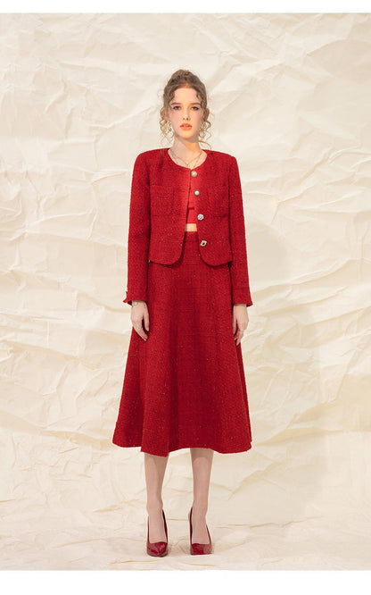Red retro high-end tweed two-piece skirt suit- Tipa