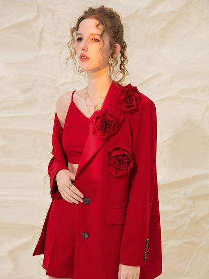 Designer luxury red three-piece jacket short tag tube top suit 3 piece set- ligi