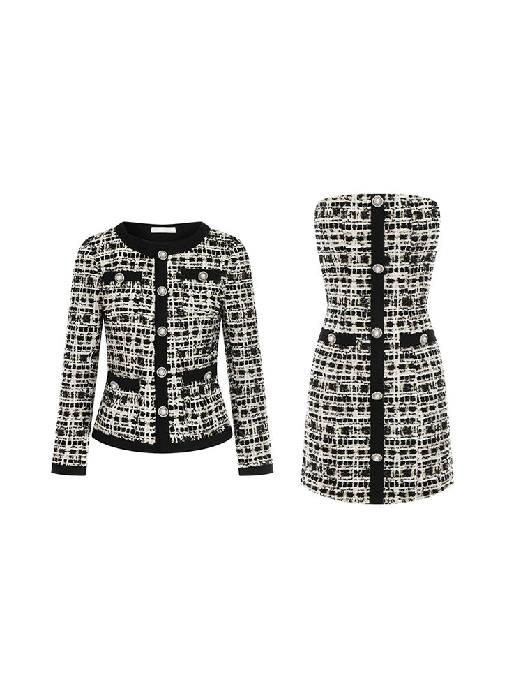 Wardrobes by Chen High End plaid twee Diamond Button Jacket mini dress- Kaya