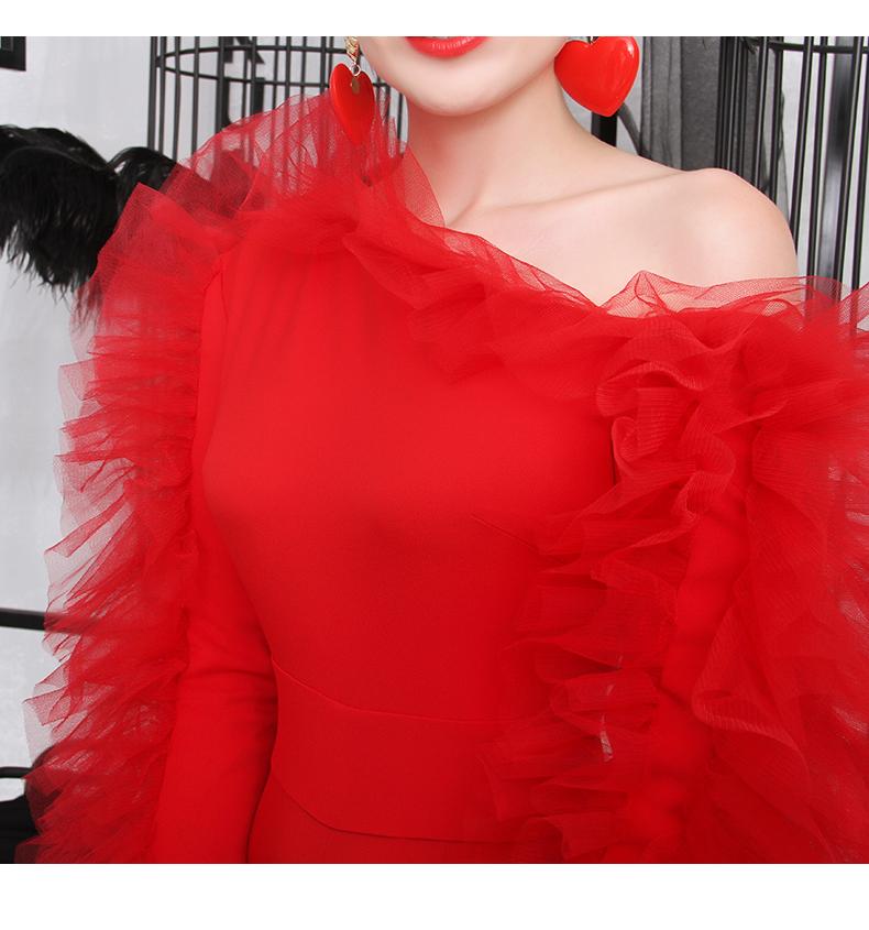 Hot red autumn and winter ruffled one shoulder banquet party cocktail red statement jumpsuit - Myva