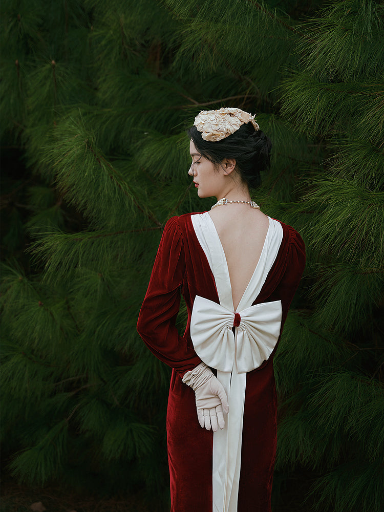 Retro red silk velvet puff sleeves backless white bow toast dress- Helen Retro red silk velvet puff sleeves backless white bow toast dress- Helen