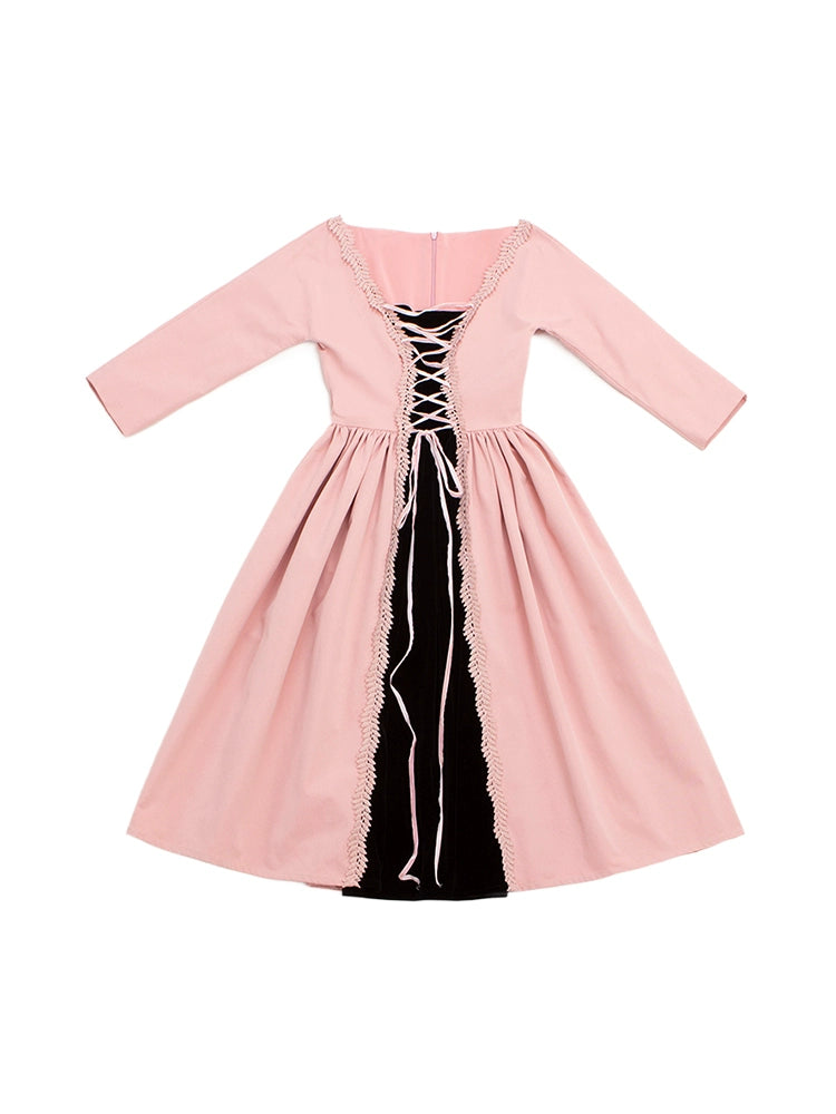 Le Palais Vintage Retro Long Sleeve Black and Pink Large Skirt Dress-Bene