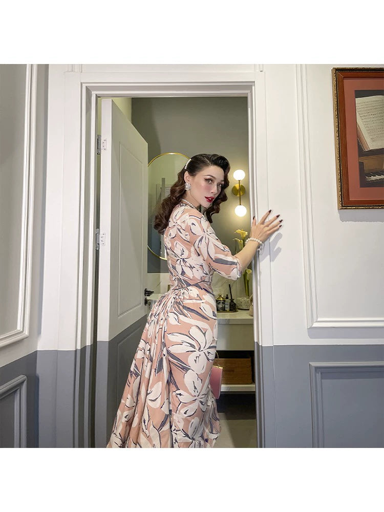 Le Palais Vintage Elegant Pink Gray Floral retro Dress-Judith