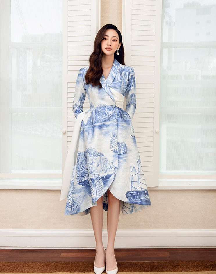 Elegant shawl lapel, long sleeves, flared skirt dress -Siana