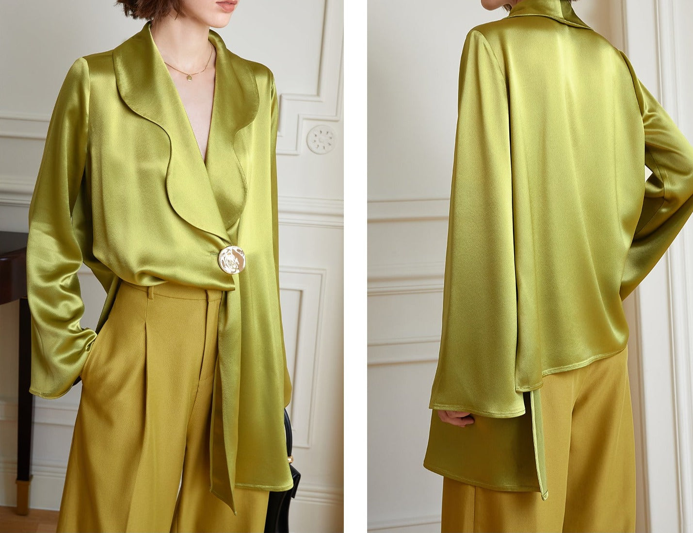 Retro green shirt top a sleek V-neck collar retro classic casual wide-long pants - Cata