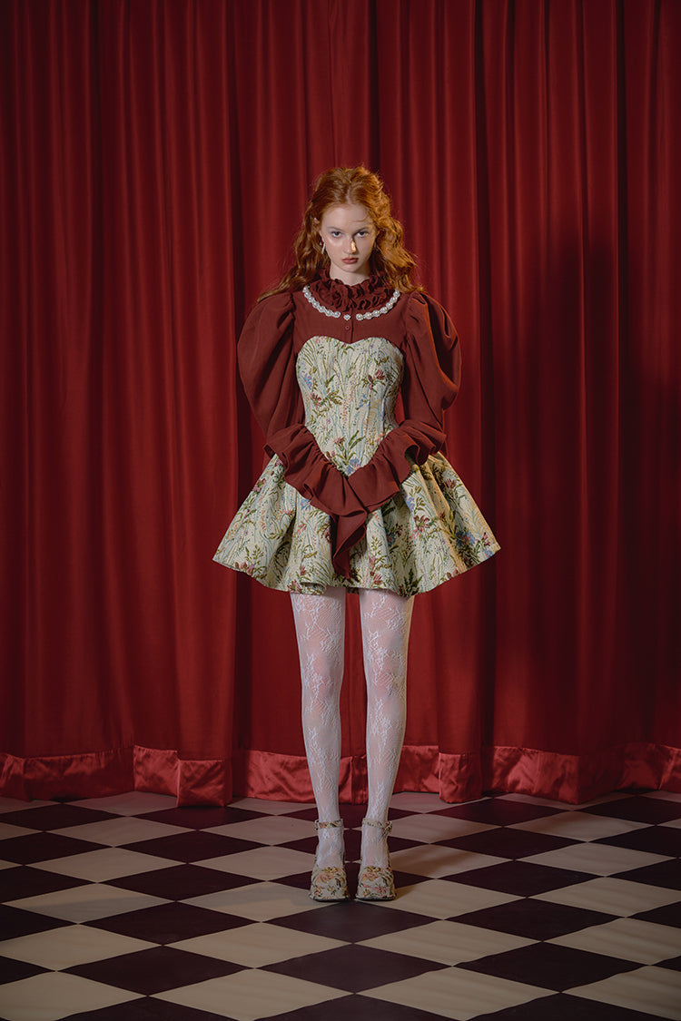 Charming flowers tube top sling retro jacquard dress pearl dark red suit set- Jeffy