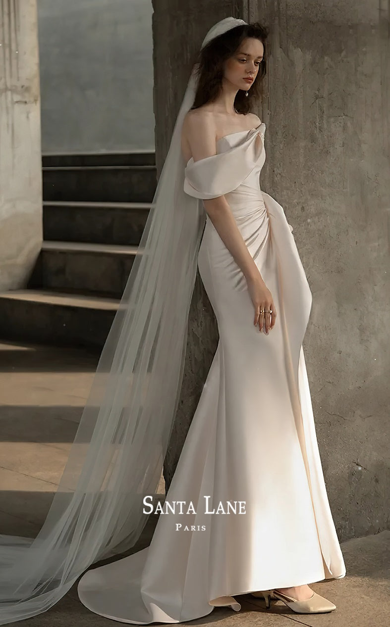 Early Spring 2023 Satin one-shoulder slim-fit high-end mini-tail wedding dress- Satina