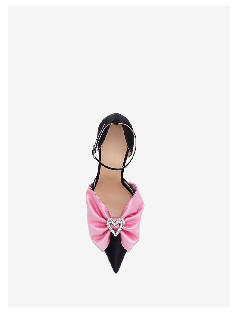 Early 2023 spring new black silk bow stiletto high-heeled shoes- Coqa