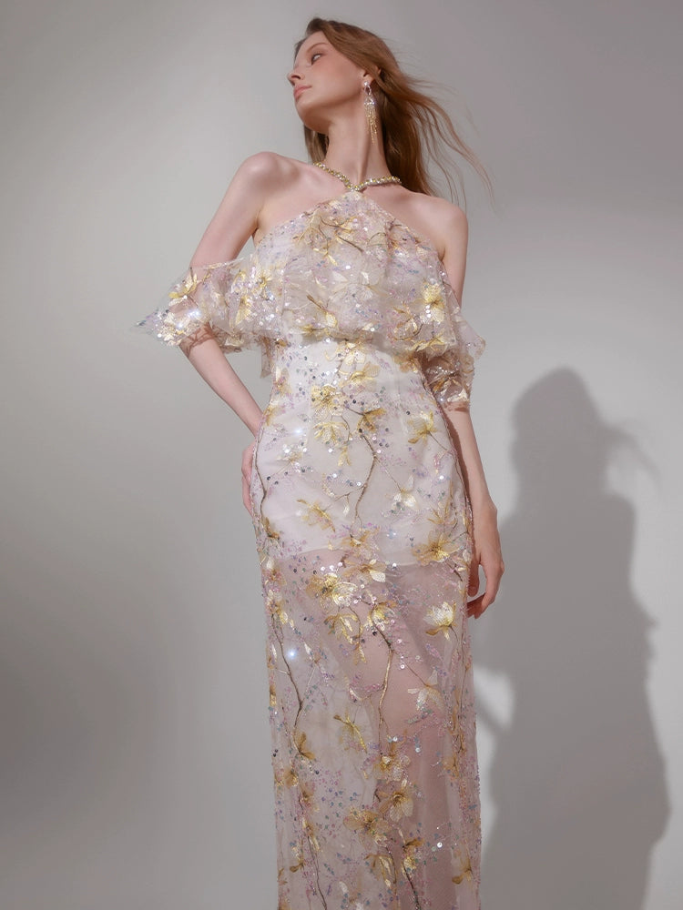 Wardrobes by Chen Elegant wedding guest Halter Sleeveless Lace bridal Dress- Megan XS / Yellow Wardrobes by Chen Elegant wedding guest Halter Sleeveless Lace bridal Dress- Megan XS / Yellow