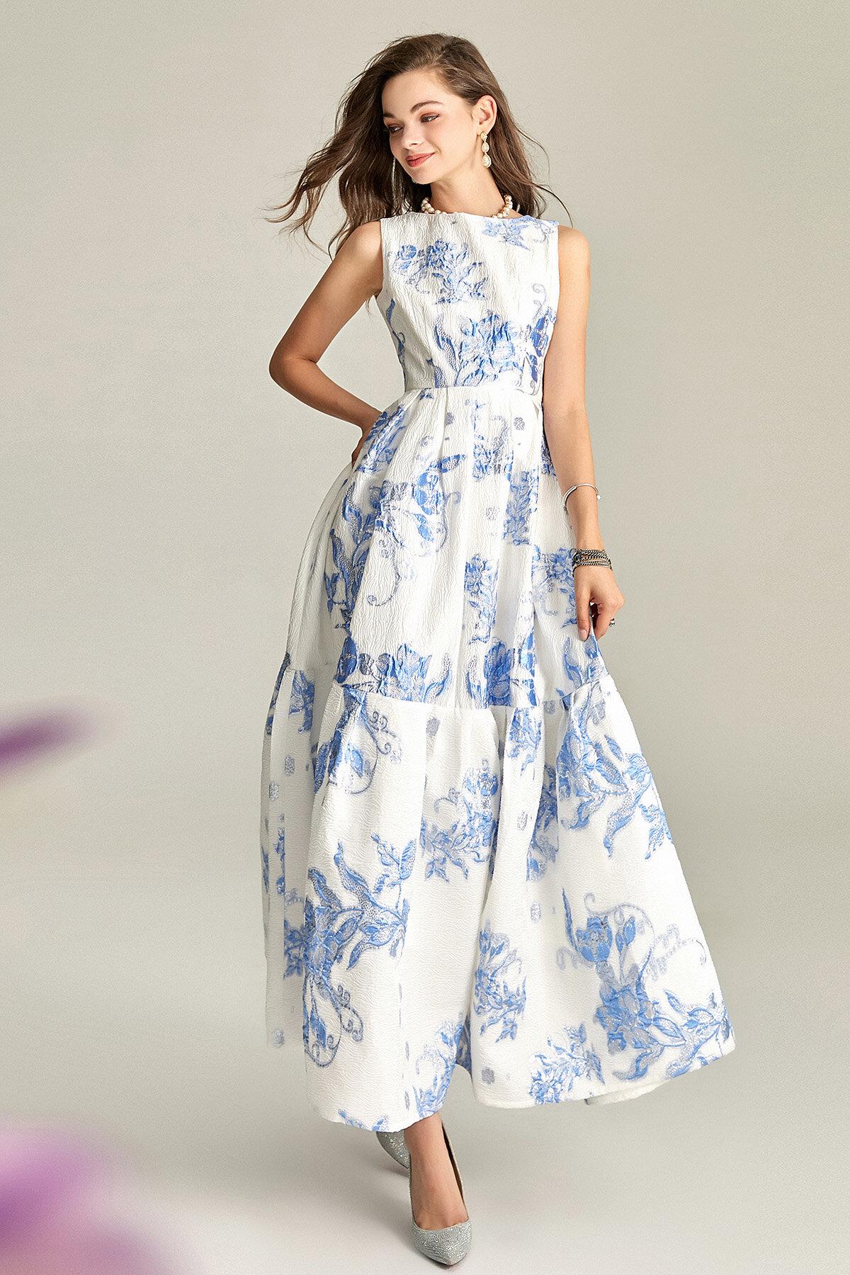 Luxury Heavy Embroidery Jacquard Elegant White Fairy Summer Long Wedding Guest Dress - Jinu XL Luxury Heavy Embroidery Jacquard Elegant White Fairy Summer Long Wedding Guest Dress - Jinu XL