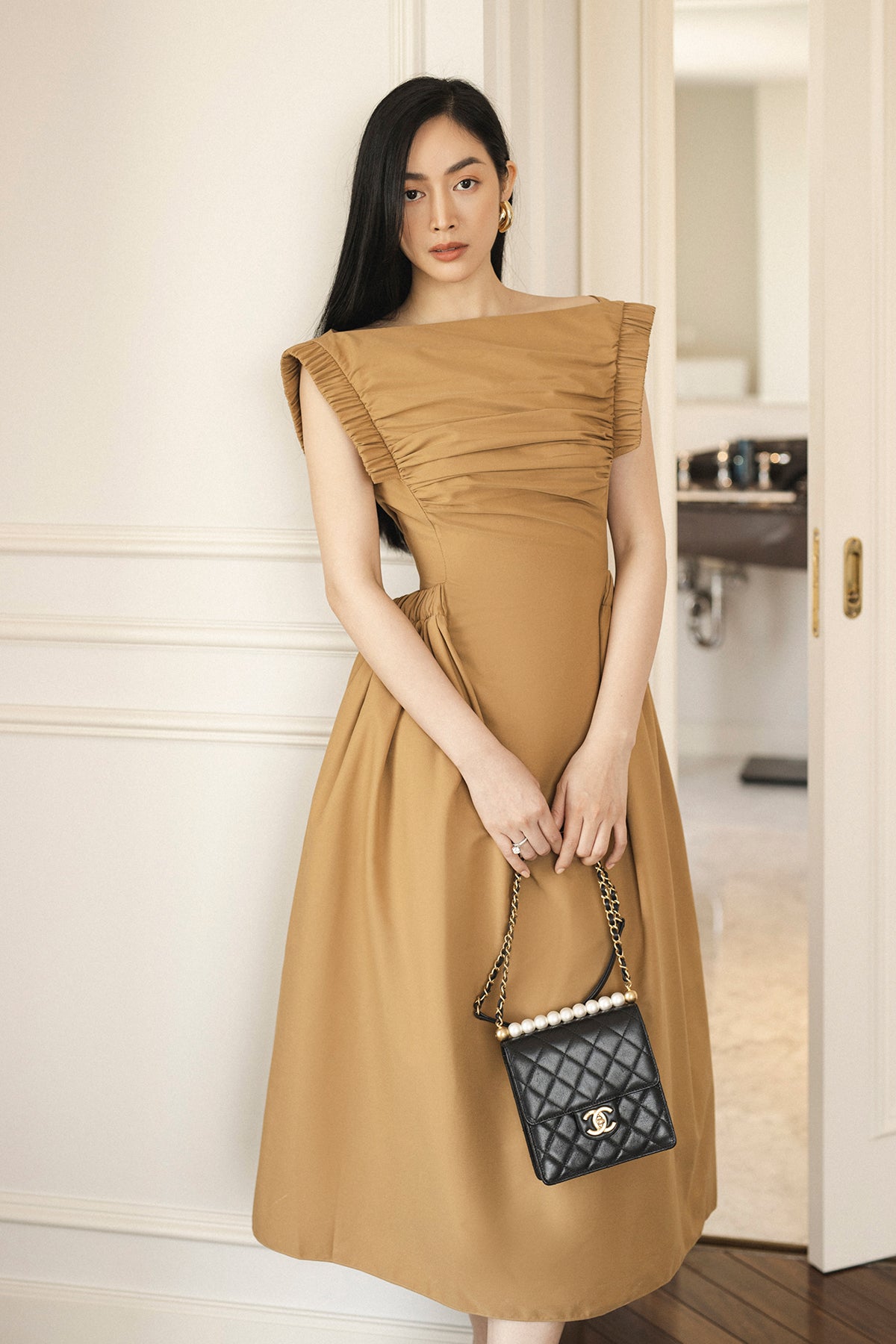 Pleated Bust sleeve white midi bridal dress - Brown Flame