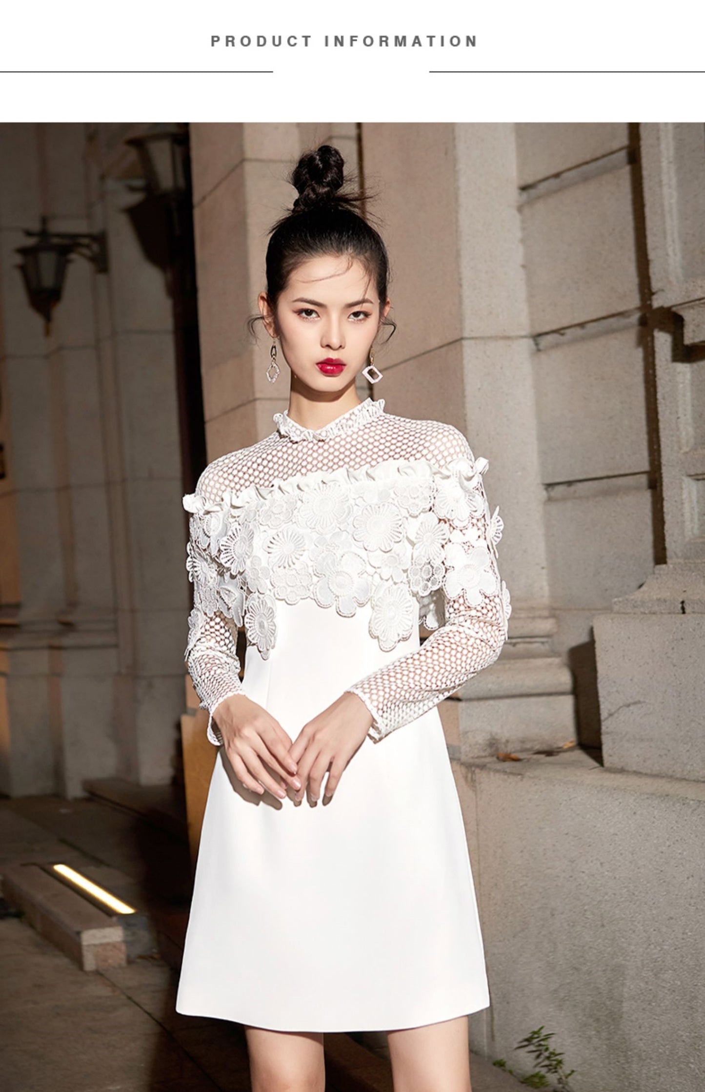 White long-sleeved dress is crafted with three-dimensional embroidery - Perfecta