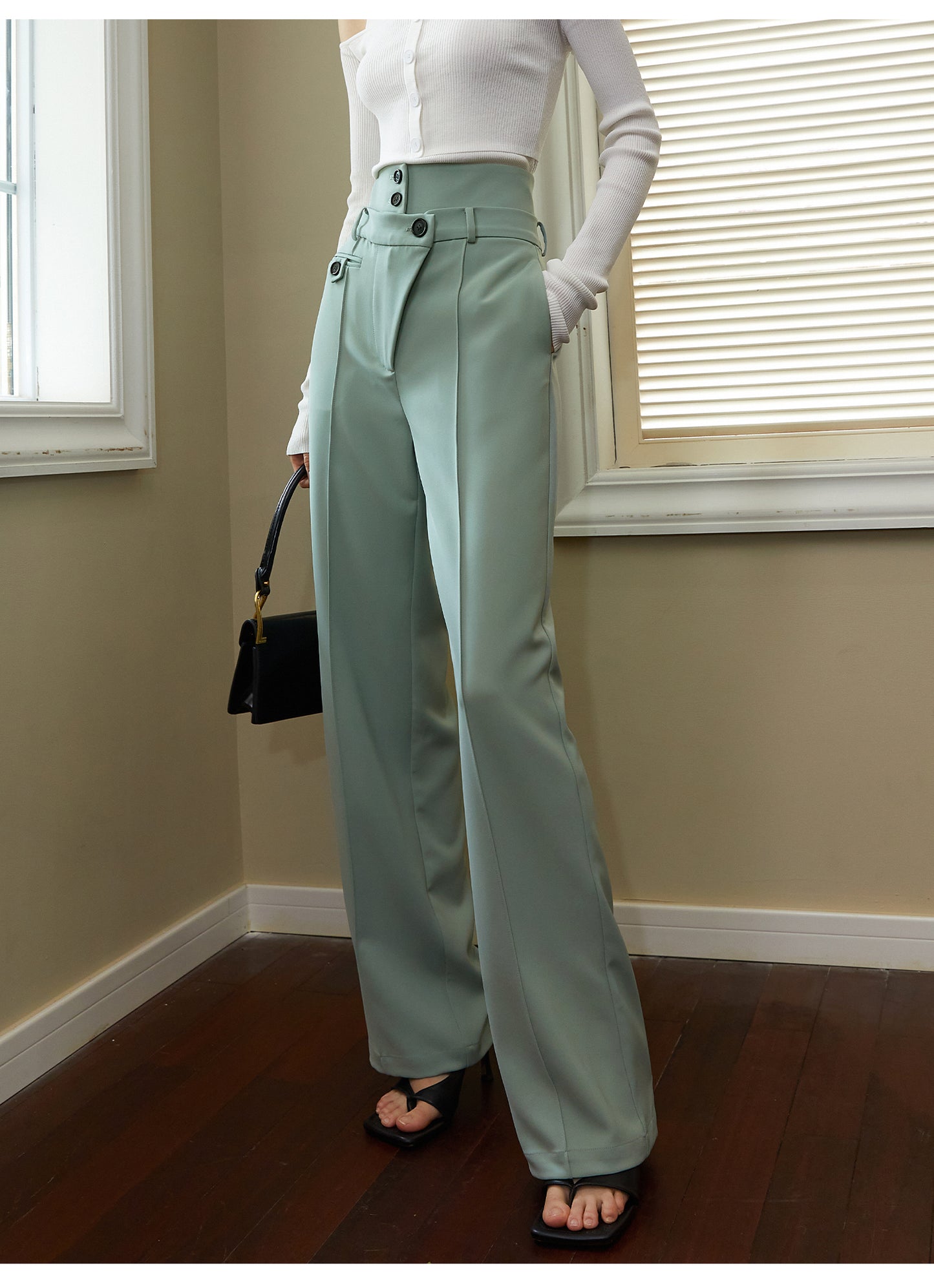 Asymmetrical high waist, regular thickness,pockets wide length trousers-Copa