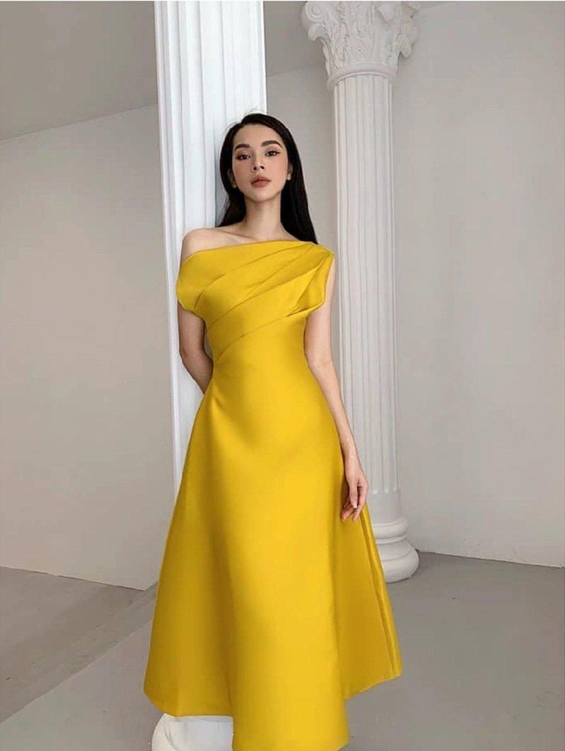 Green Yellow oblique shoulder fold midi dress- Elaine XS / Yellow Green Yellow oblique shoulder fold midi dress- Elaine XS / Yellow