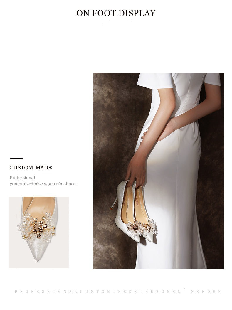 Lily white beaded high-heeled stiletto pointed toe wedding bridal shoes - Hina