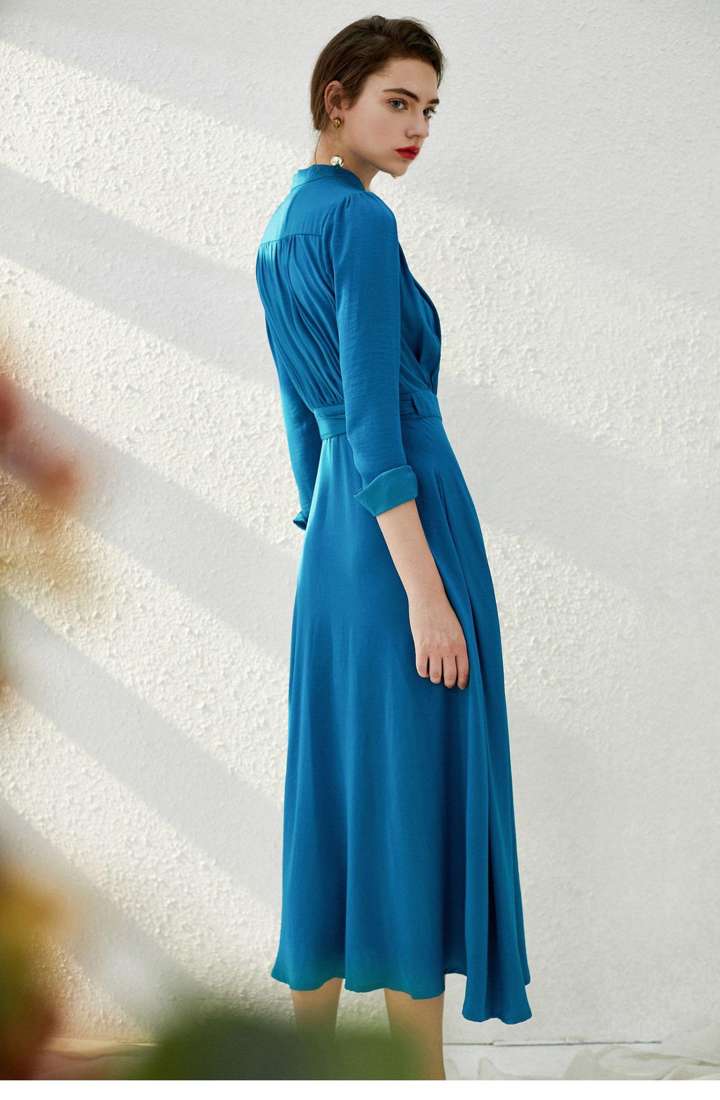 Flowy lake blue high neck 1940s vintage retro inspired fau midi wrap dress - Kenji