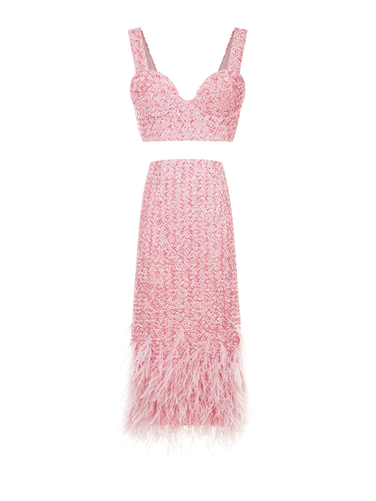 Wardrobes By Chen Elegant Pink Long Sleeve Jacket Bustier pencil feather skirt- Pin