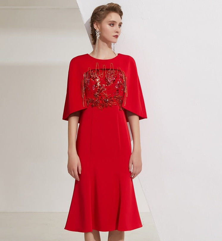 Red slim dress female long high-end banquet host dress skirt dress - Chima