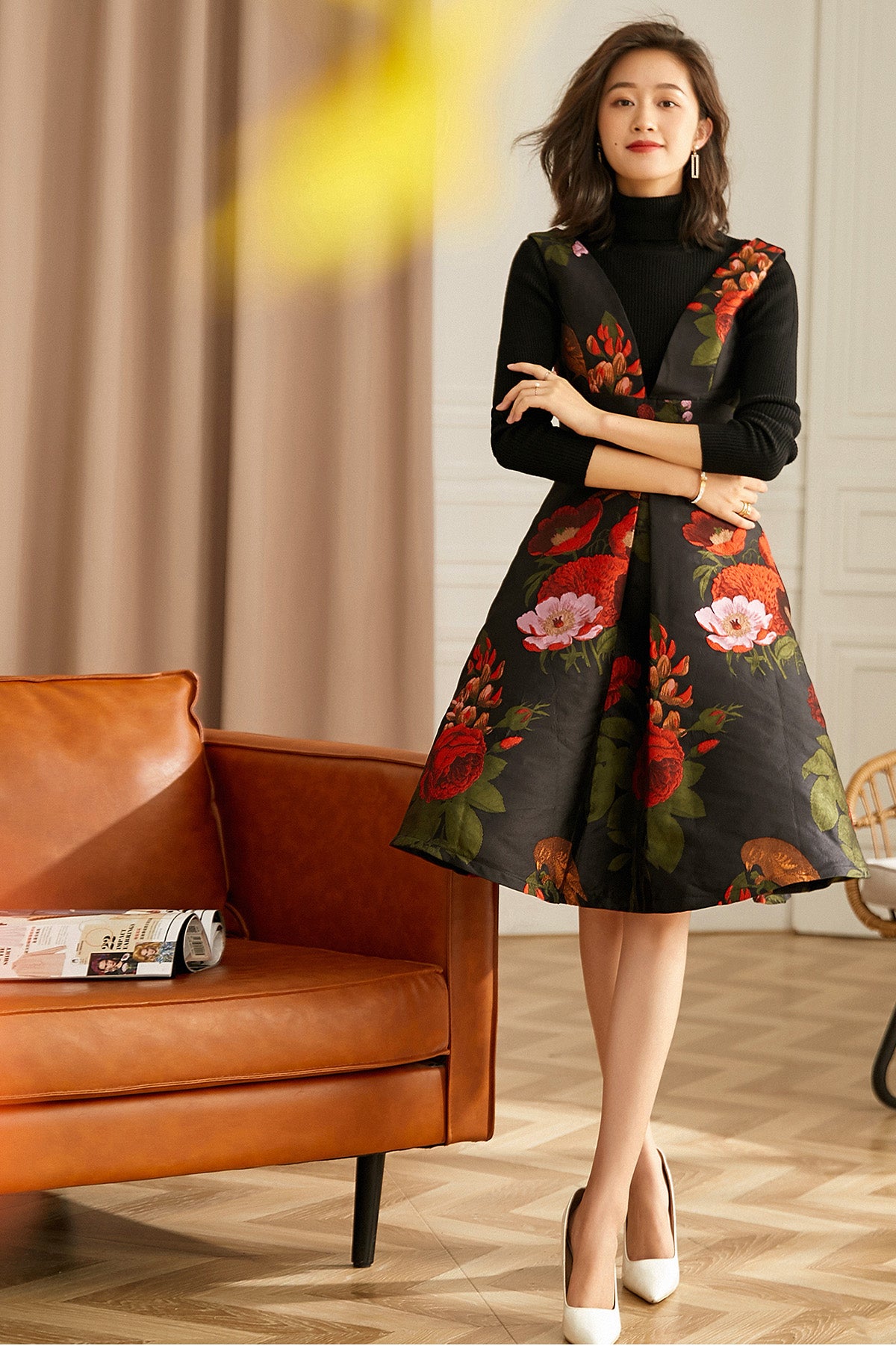 Autumn v-neck sleveless jacquard dress- Paula