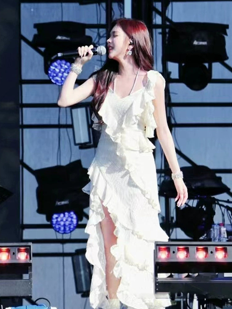 Wardrobes by Chen Luxury Off White French Ruffle sequin holiday Dress-Nana