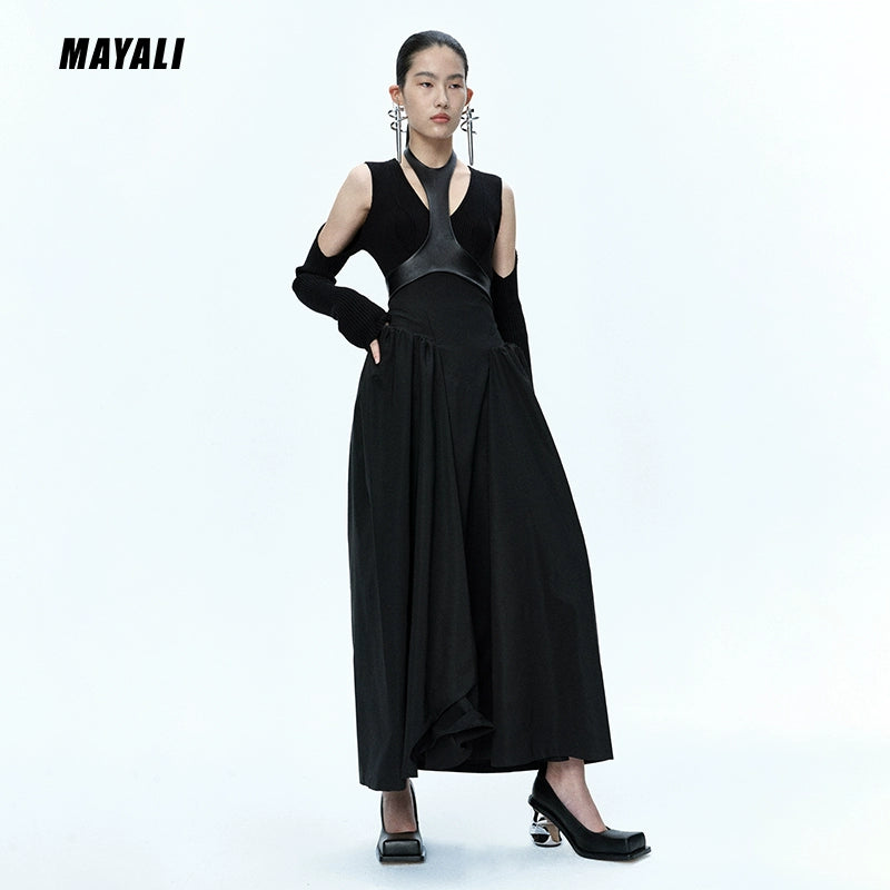 MAYALI 22AW Fall/Winter V-neck, off-the-shoulder halterneck knit top, slim long-sleeved original personality niche