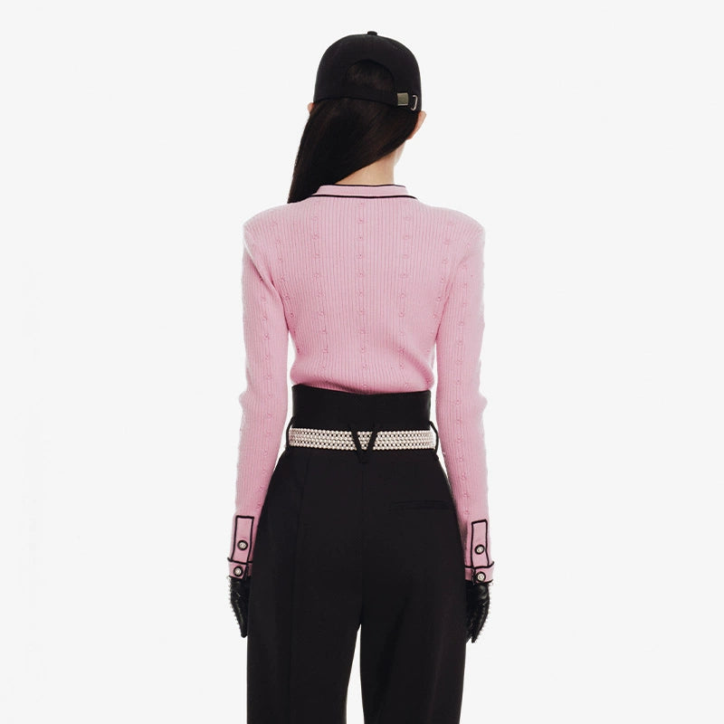 FAME Three-Dimensional Rose Bow Embellishment Woolen pink Top - Adilin