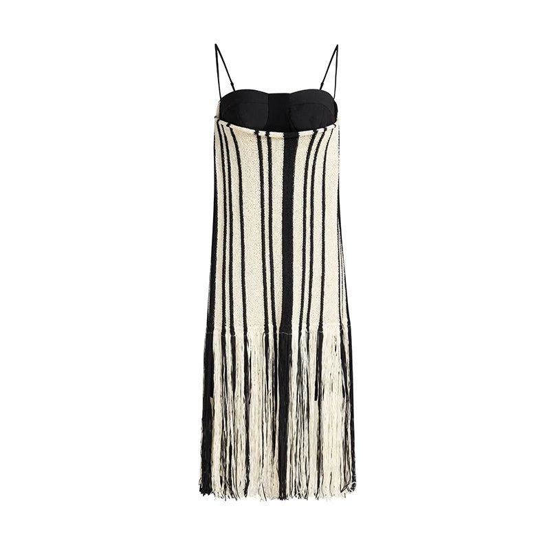 MAYALI tassle midi lenght contrast paneling woven tassel summer holiday dress -Deube