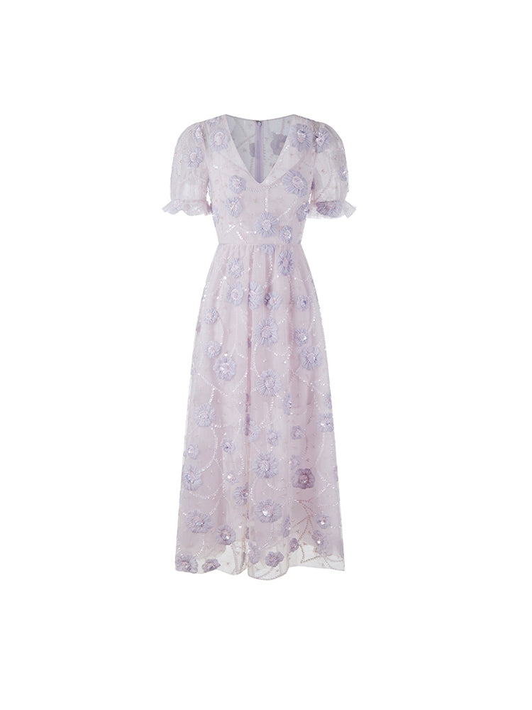 Wardrobes by Chen Luxury Lavender V-Neck Puff Sleeves Embroidered midi Dress-Spark